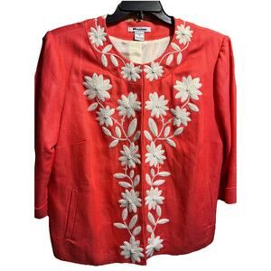 PETER NYGARD Womens 16 Red Linen Blend Floral Embroidered 3/4 Sleeve Blazer